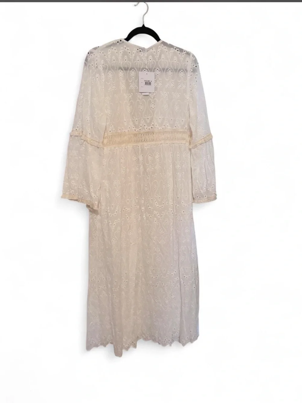Sheer Eyelet Lace Kimono Robe in Cream with Tassel Tie